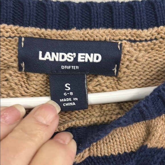 Land’s End Drifter Striped Cable Knit Sweater in Tan and Navy - Picture 2 of 4